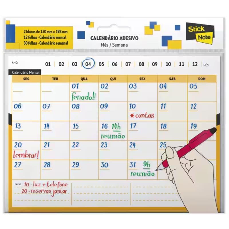 Calendário Autoadesivo Mensal/Semanal, 150mm x 198mm, 42 Folhas Stick Note