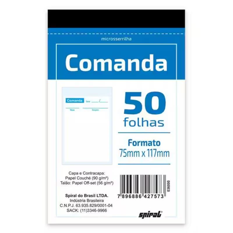 Bloco Comanda Restaurante 50 Folhas 75x117mm Spiral
