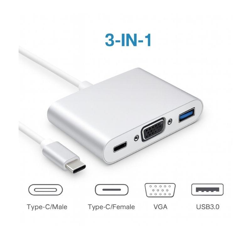Cabo Adaptador 3 em 1 Tipo C Macho  para VGA, USB e Tipo C Fêmea