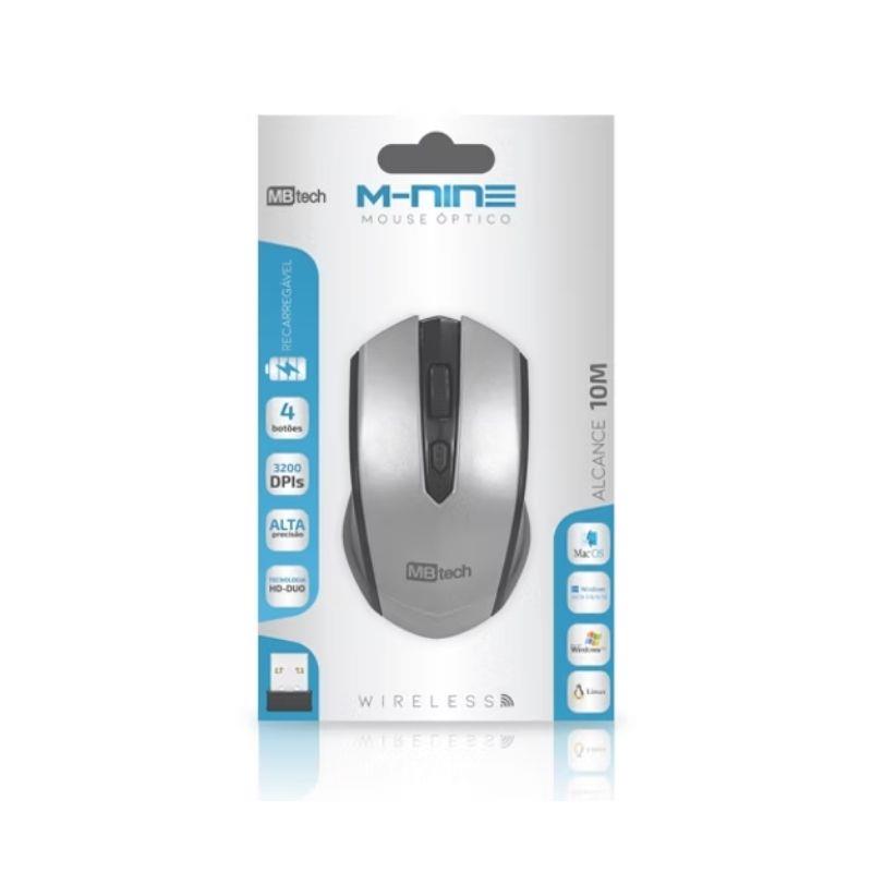 Mouse Sem Fio Recarregável Wireless M-Nine Prata Alcance 10m GB44326 MBTech