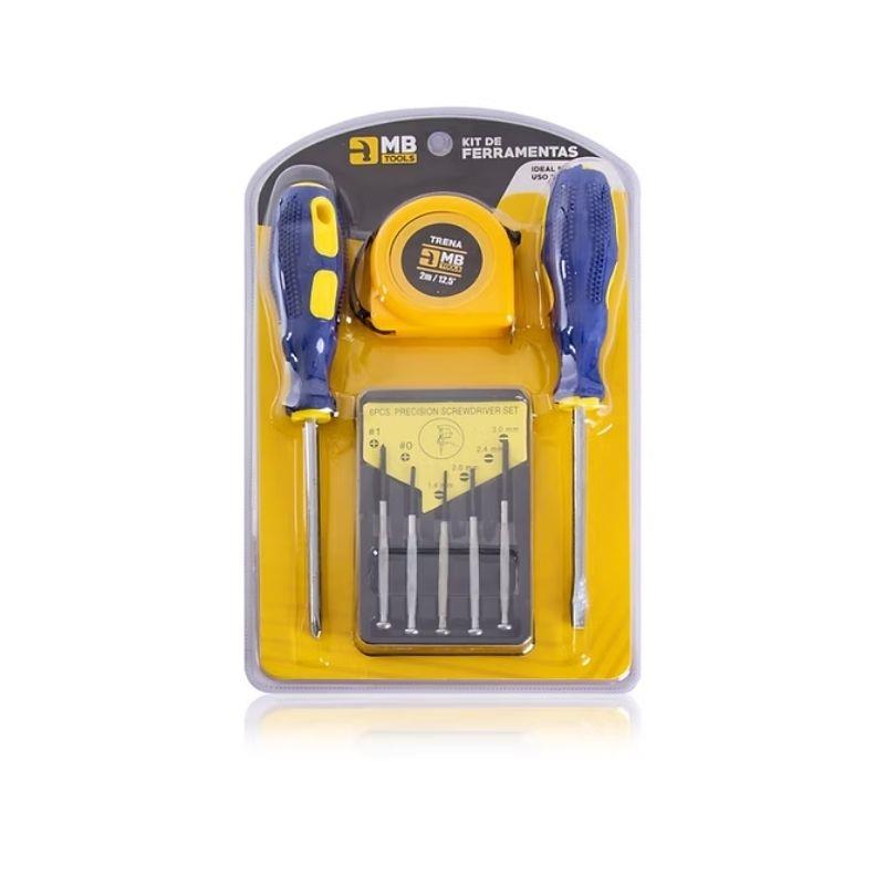 Conjunto Ferramentas 2 Chaves Fenda e Phillips, Trena 3m e Kit 6 Chaves de Precisão GB59051 MB Tools - 4 peças