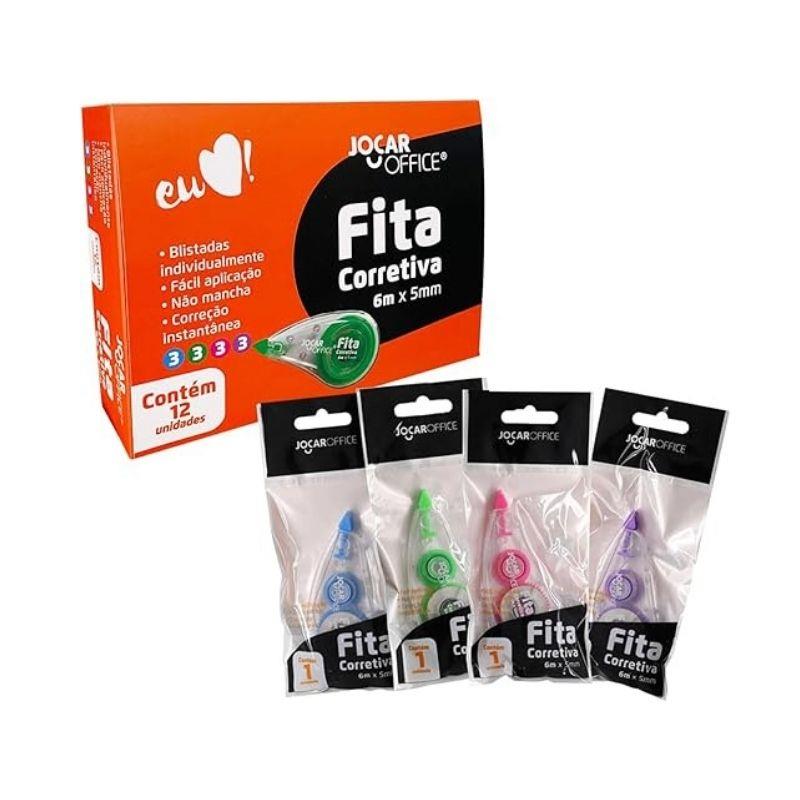 Caixa Fitas Corretivas Brancas 6m Jocar Office Colorida - 12 Unidades