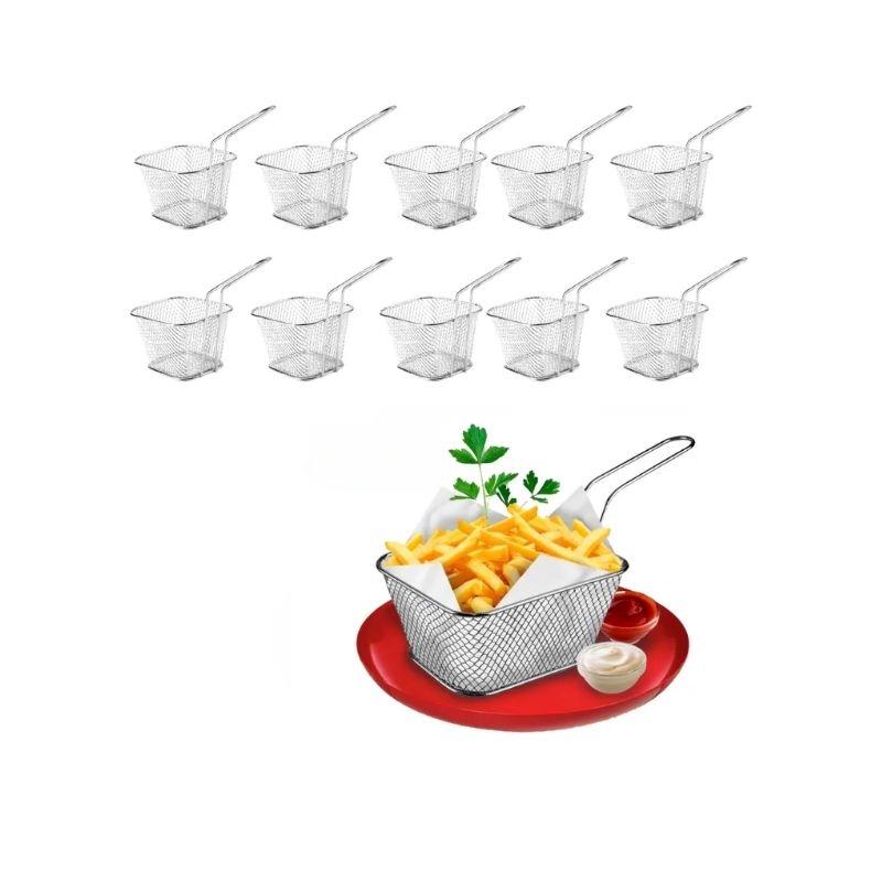 Kit 10 Mini Cestos Inox para Porções Quentes de Fritura 10.5cm x 14.cm - 10 Unidades