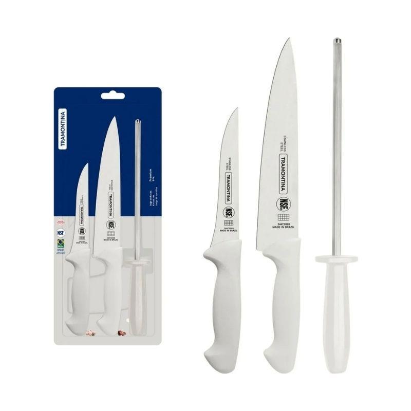 Conjunto Facas Premium com Chaira Tramontina Cabo Branco - 3 Peças