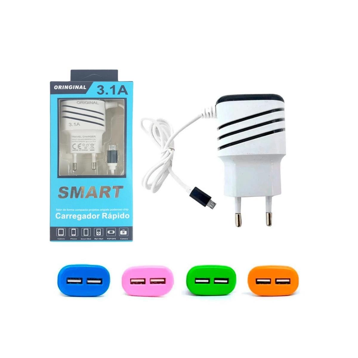 Carregador Smart Micro USB V8 3.1A + 2 Entradas USB - Cor Sortida