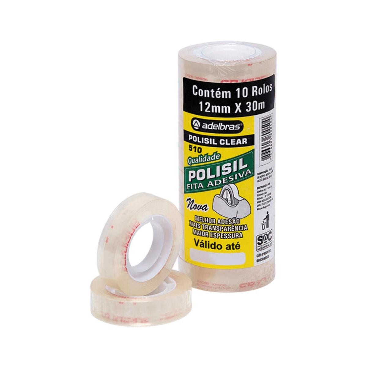 Fitas Adesivas Transparente Super Clear 12mm x 30m Polisil Adelbras - 10 Rolos