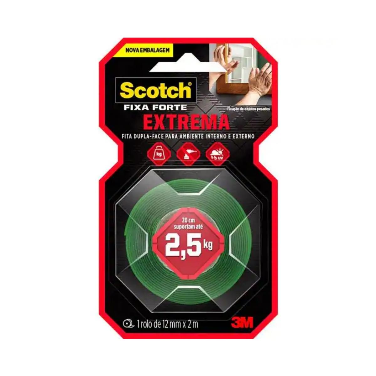 Fita Dupla Face Scotch Fixa Forte Fixação Extrema até 2,5kgs 12mm x 2m 3M 
