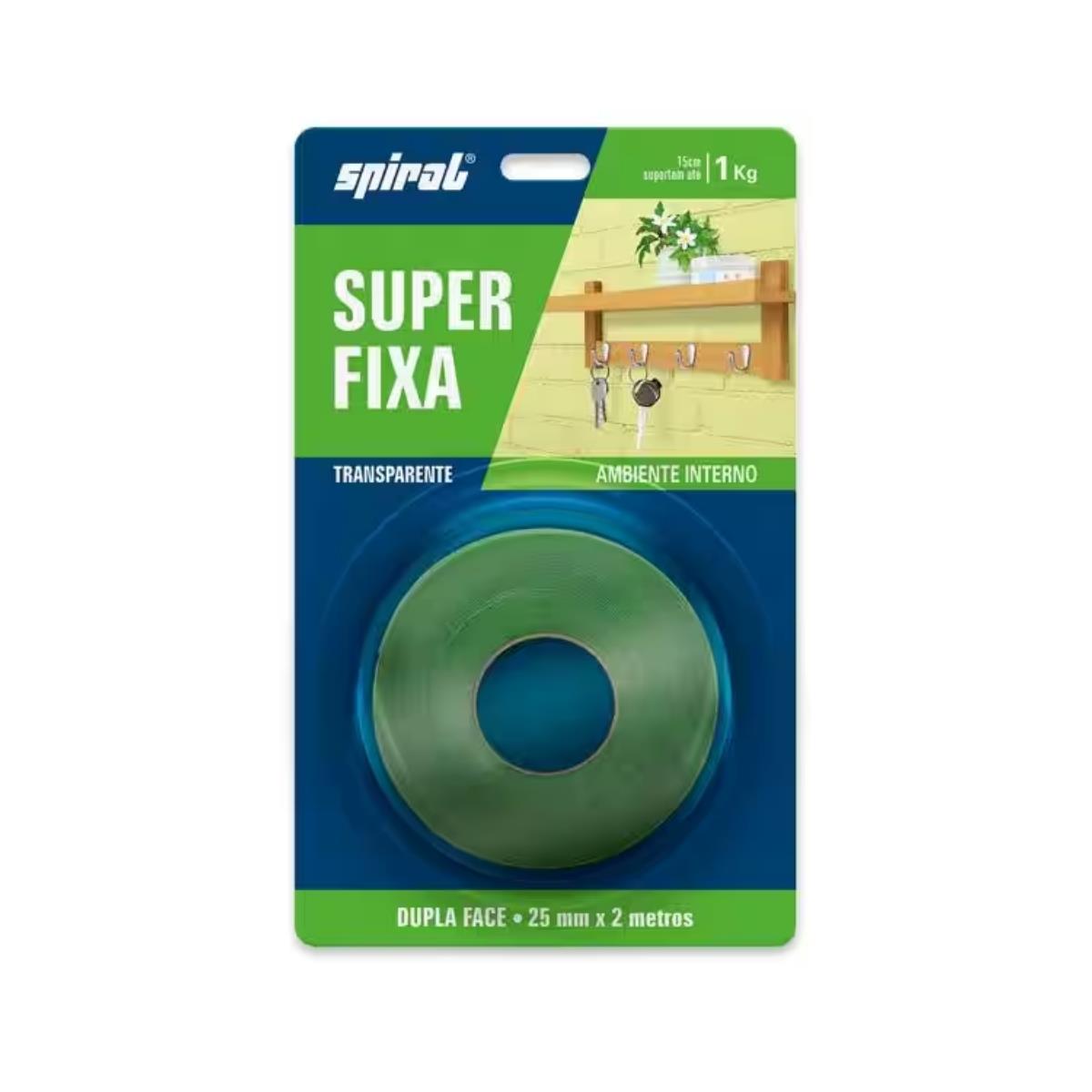 Fita Dupla Face Super Fixa Transparente até 1kg 25mm x 2m Spiral