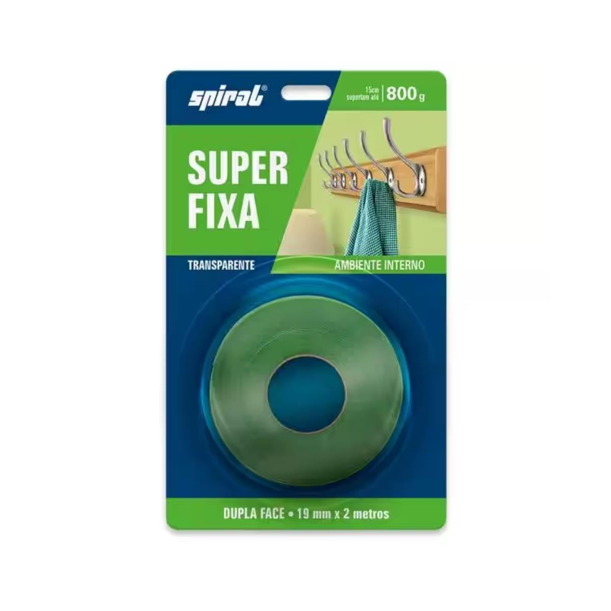Fita Dupla Face Super Fixa Transparente até 800g 19mm x 2m Spiral