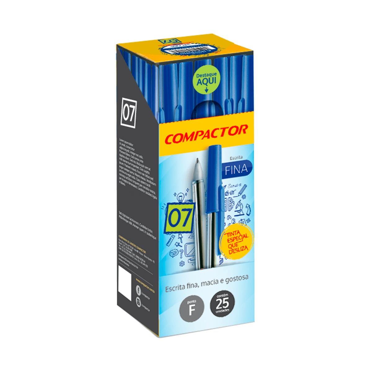 Caixa Caneta Esferográfica 0.7 Ponta Fina Compactor Azul - 25 Unidades