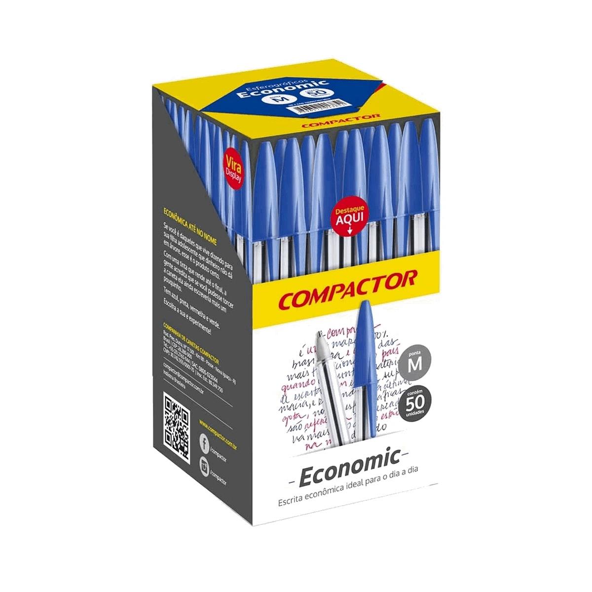 Caixa Caneta Esferográfica 1.0 Ponta Média Top Economic Compactor Azul - 50 Unidades